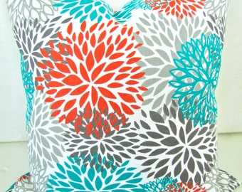PILLOWS Orange Teal Throw Pillow Covers Outdoor Teal Turquoise Gray Throw pillow Covers Indoor Outdoor Pillows 16 18 20x20 .All Sizes. Sale.