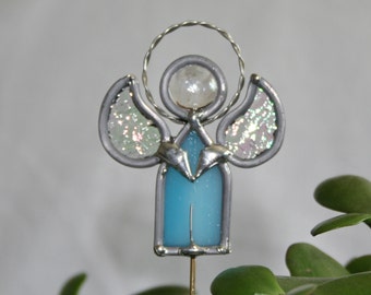 Stained Glass Turquoise Boy Angel Plant Stake, Garden Art, Male Angel