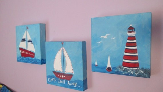 Items similar to Nautical Art, Sailboat paintings, Lighthouse Painting