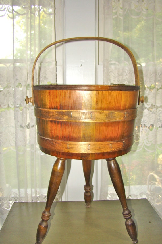 Vintage Wooden Storage Barrel on Legs. Sewing Basket Yarn