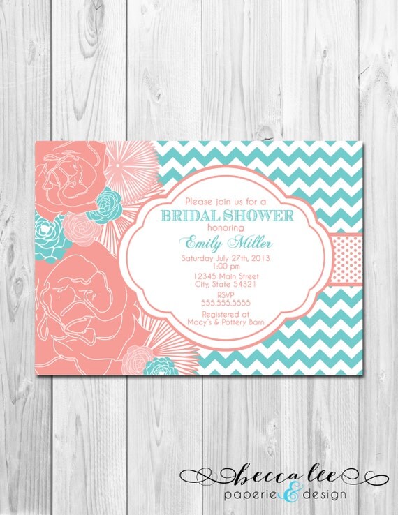 Bridal Shower, Birthday Party, Bachelorette Party, Engagement Party Invitation - Big Coral and Turquoise Blooms - DIY - Printable Il_570xn