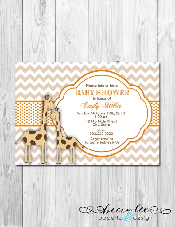 Little Giraffe Baby Shower Invitation - Brown and Orange - Chevron Stripes - DIY - Printable Il_570xn