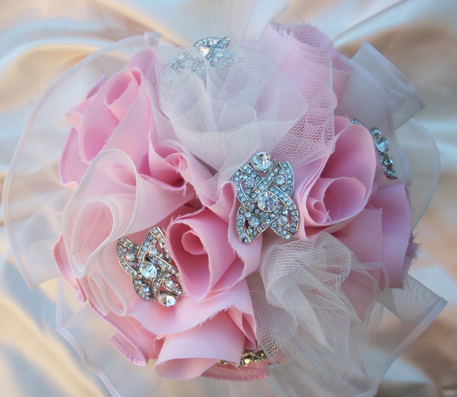 Wedding Bride Blush Pink Brooch Bouquet Handmade Rosettes, Rhinestone Brooch, Organza, Satin