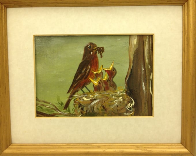 Mother Robin feeding her Babies. Acrylics on Canvas. Wood Frame with Tan Matte