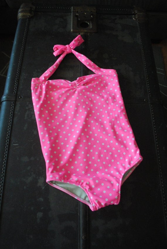Pink And White Polka Dot Retro One Piece Girls Swimsuit Made To Order