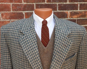 Wool Houndstooth Blazer Emerald Tan Vintage Men's 60s 70s Clothing 42R