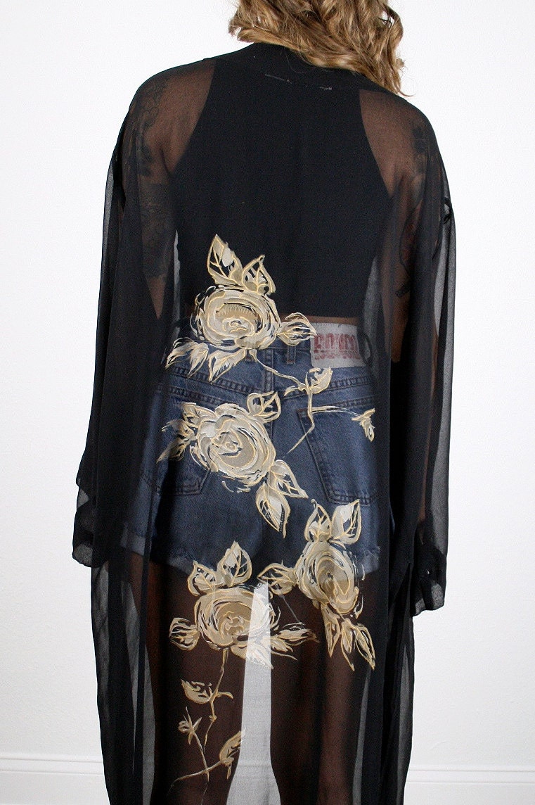 Vintage Black Kimono Jacket Gold Floral Print Draped Scarf
