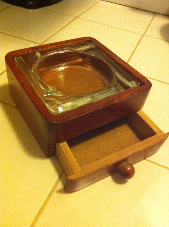 Vintage ashtray 1970's ashtray with wooden holder and