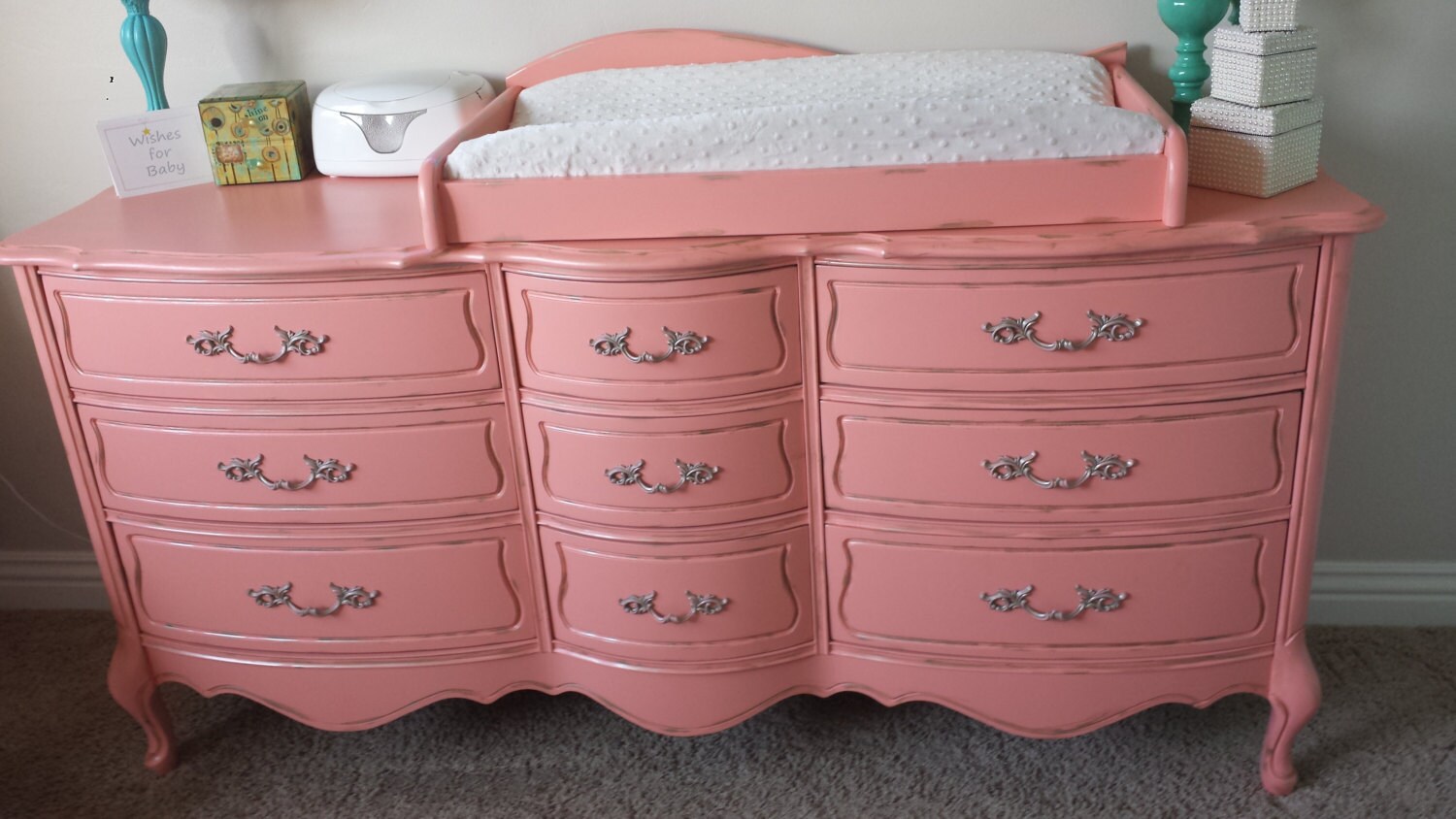 SOLD Paradise Peach dresser and changing tray by WoodRemains