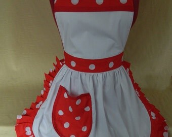 Retro Vintage 50s Style Full Apron / Pinny - White with Red & White Trim