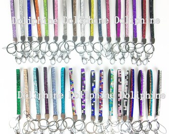 34 Colors Rhinestone Bling 8" Wristlet LANYARDs with Key Chain, Key Fob for Key / ID badge/ Cell Phone