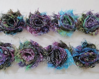 Purple/Turquoise Crocodile Petite Mini 1.5" Shabby Chiffon Rose Trim Print, Frayed Flower, 1/2 or 1 Yard, Low Inter'ntal/Canada Shipping