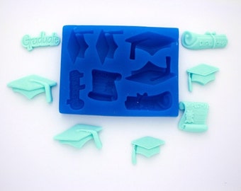 GRADUATION SET SILICONE Mold For Fondant, Gum Paste, Chocolate, Hard Candy, Fimo, Clay, Soaps