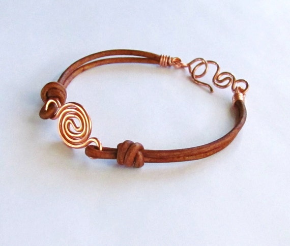 Copper spiral link and leather bracelet hand forged wire work