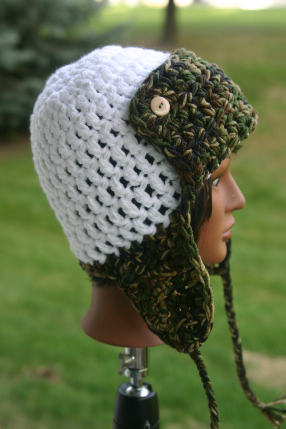 White/ Camo Crochet Aviator Hat Lumberjack Style Crochet Hat