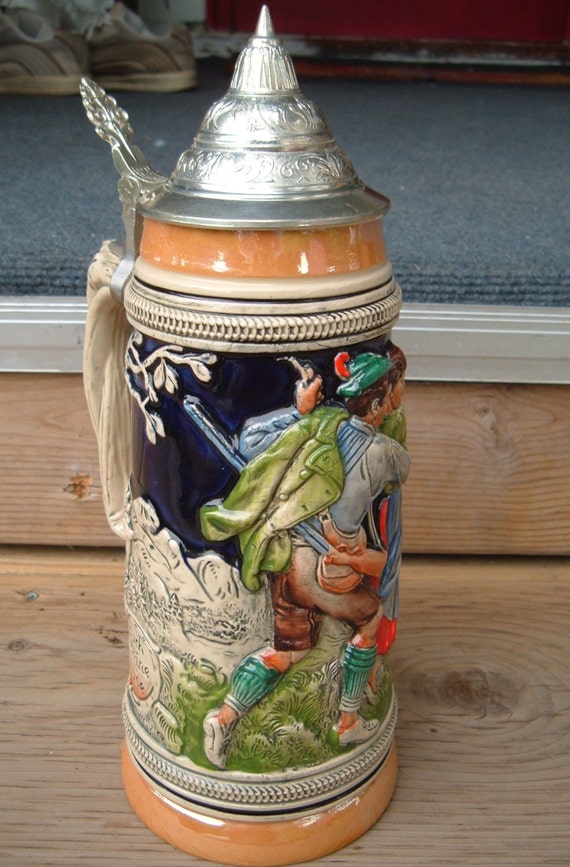 Vintage stamped West Germany DBGM beer stein with lid 11 inch