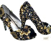 Swarovski crystal Cinderella Black Gold Peeptoe platform bridal wedding heel vintage Lace shoe
