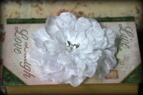 White Fabric Flowers with Diamond Shaped Crystal Beads in the Center for Millinery, Headbands, Crafts Approx. 4.50 inches across FL-056