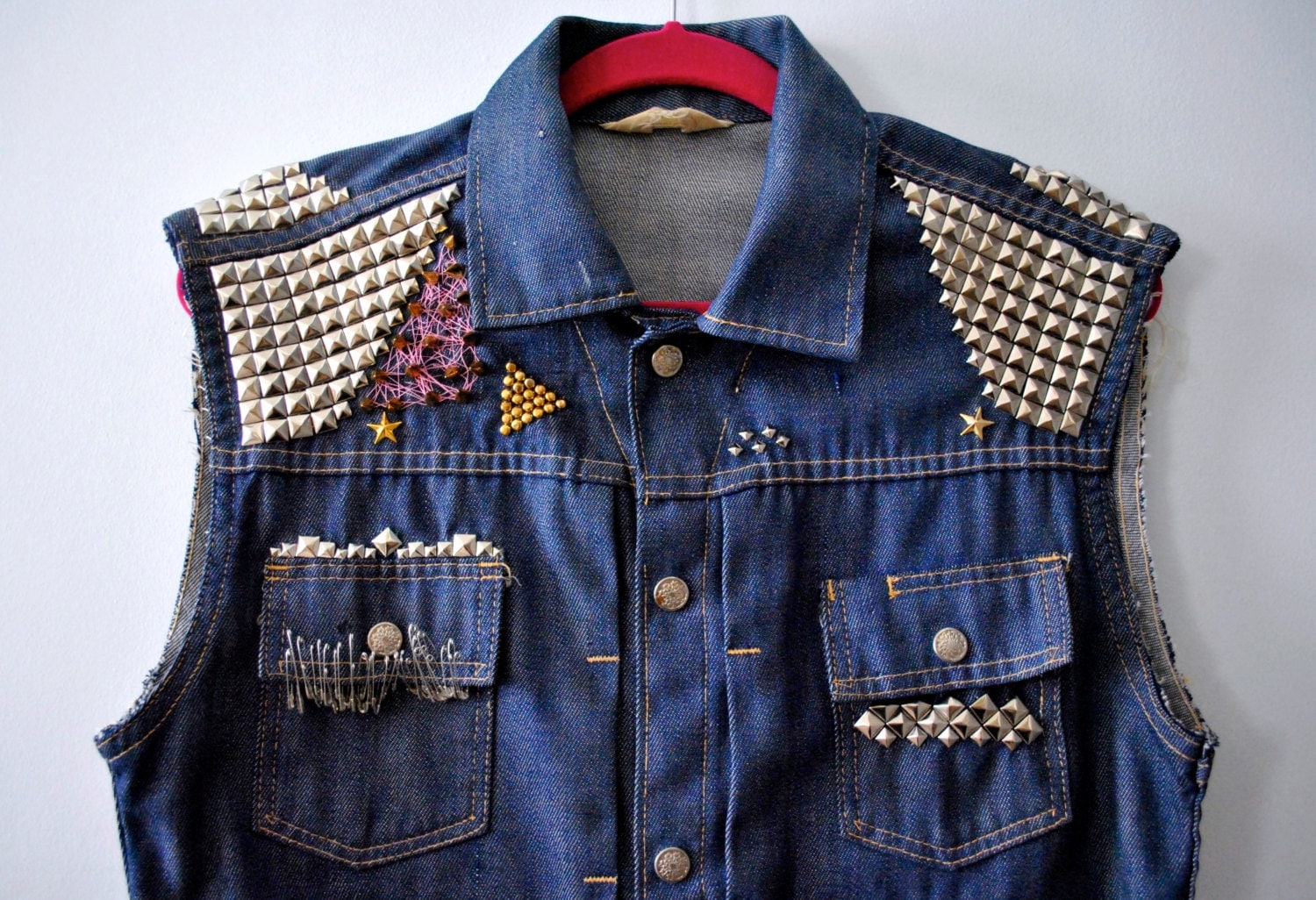 Vintage 1970s Punk Rock Studded Spiked Blue Denim Jean Jacket