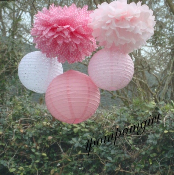 Pretty in Lace - 3 Tissue Paper Poms/3 Decorated Paper Lanterns// Baby Shower, Birthday, Wedding, Bridal Shower, Nursery Decor