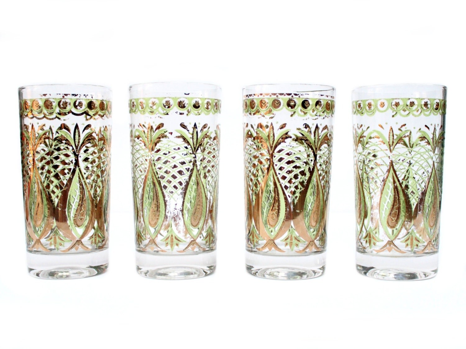 Vintage Cocktail Highball Glasses Green Gold Pineapple Set of
