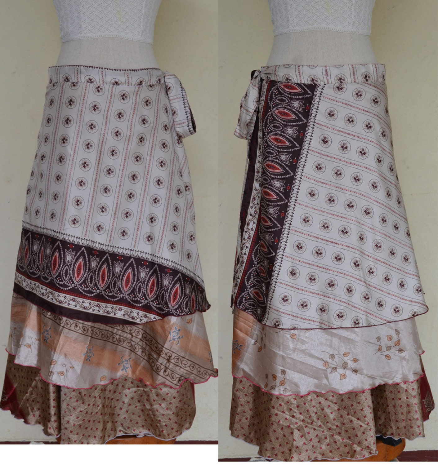 3 Layers Long Wrap skirt India Sari Hippie Gypsy Boho Drance