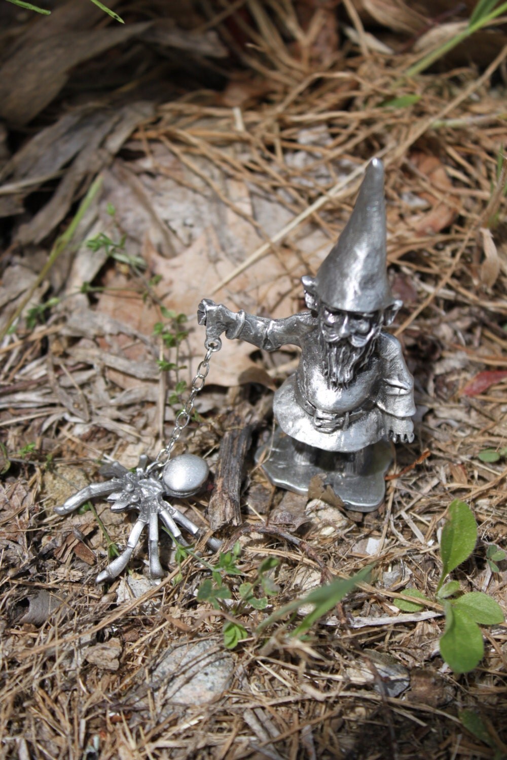 Lead Free Fine Pewter Figurine Gnome Walking a Pet Spider on a