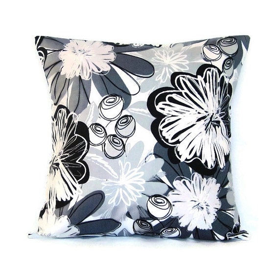 Black White Gray Pillow Cover Floral Retro by TheDecorativePillow