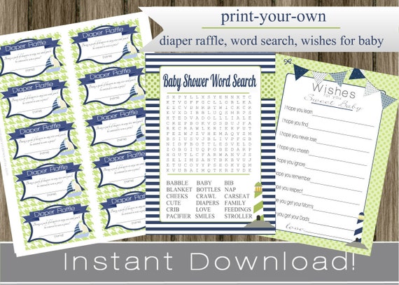 Baby Shower Games word search cards, Diaper Raffle Tickets, Wishes for Baby, nautical blue green INSTANT DOWNLOAD diy digital printable file Il_570xn