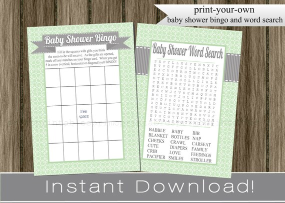 Mint and Gray Baby Shower Games Bingo and Word Search Cards , INSTANT DOWNLOAD diy digital printable files , boy babyshower activity idea Il_570xn