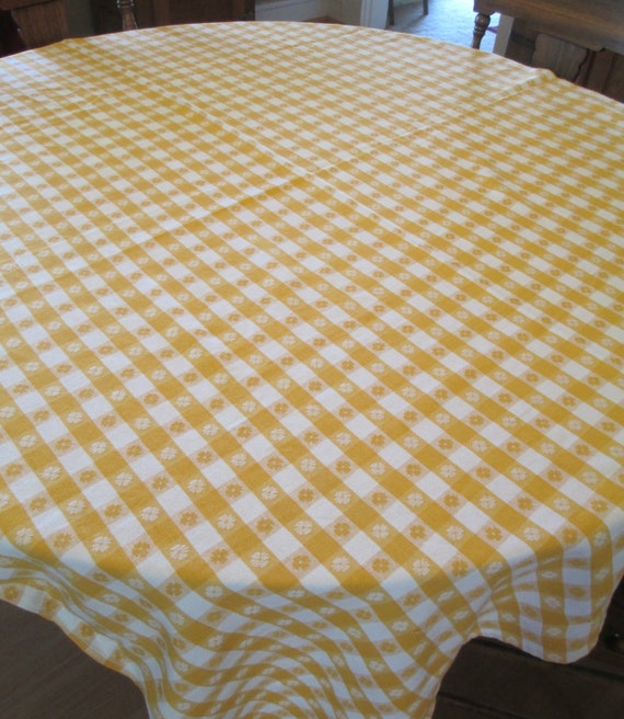 Vintage Yellow & White Gingham Woven Cotton Tablecloth