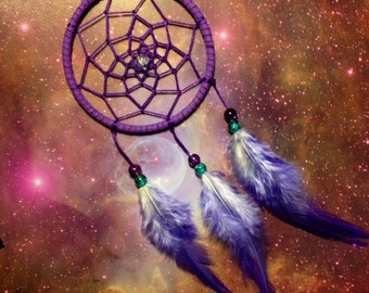 Purple dream catcher, faux suede, purple feathers, purple web and & glass bead finish 7cm diameter dreamcatcher hand made