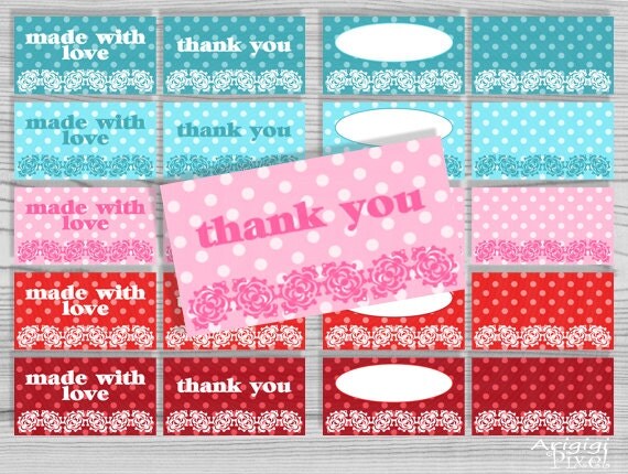 printable tags, thank you , made with love, blank gift tags, polka dot, lace border, red, blue, pink, instant download, ready to print Il_570xn