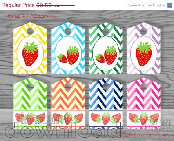 WEEKEND SALE 50% OFF Spring color strawberry chevron hang tag printable label for homemade gift jam cake instant download Il_570xn
