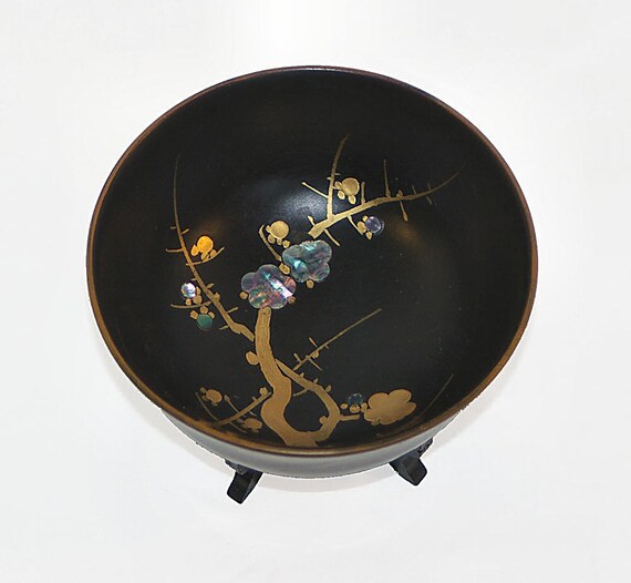 Japanese Lacquer Bowl Mother of Pearl Inlay by KickassStyle