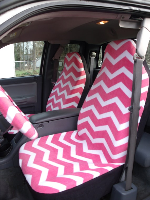 1 Set Of Pink /White Chevron Seat Covers and Steeling Wheel