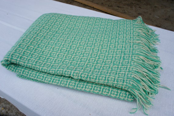 Vintage Pendleton Wool Throw Blanket Green Plaid Virgin Wool