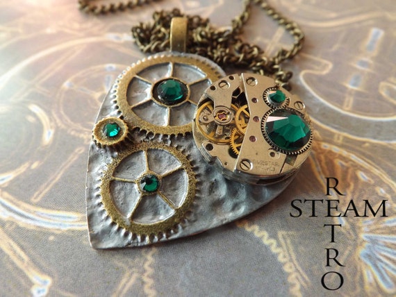 10% off XMAS16 The Clockheart Steampunk Watch Mechanism Emerald Necklace - Steampunk Jewelry by Steamretro -Christmas gift by SteamRetro steampunk buy now online