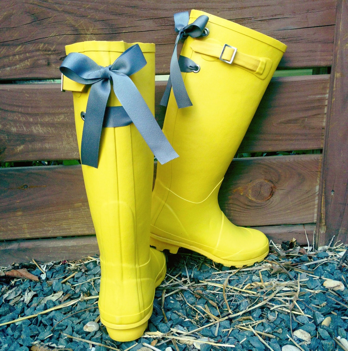 Yellow Custom Rain Boots with Gray Bow