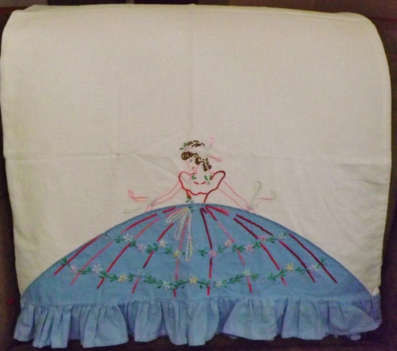 Vintage Pillowcase with Blue Dressed Lady by PearlStreetVintage