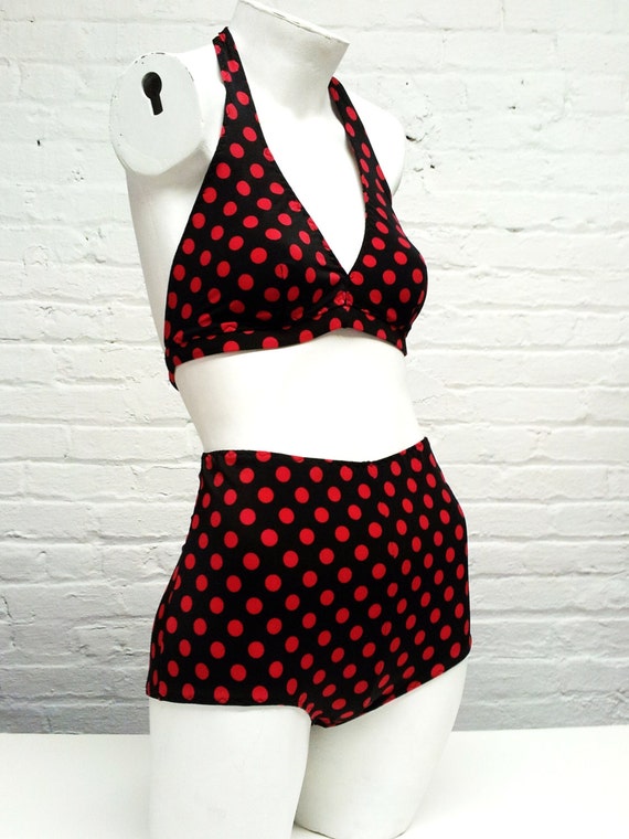 Red polka dot high waisted bikini swimsuit / Retro two piece