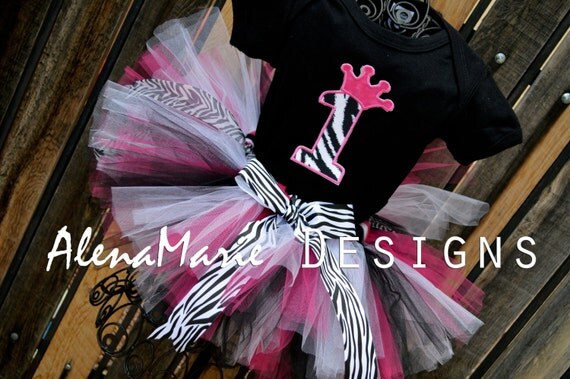 Custom 1st Birthday Crown Zebra Tutu Outfit - Pink, Black & White With ...