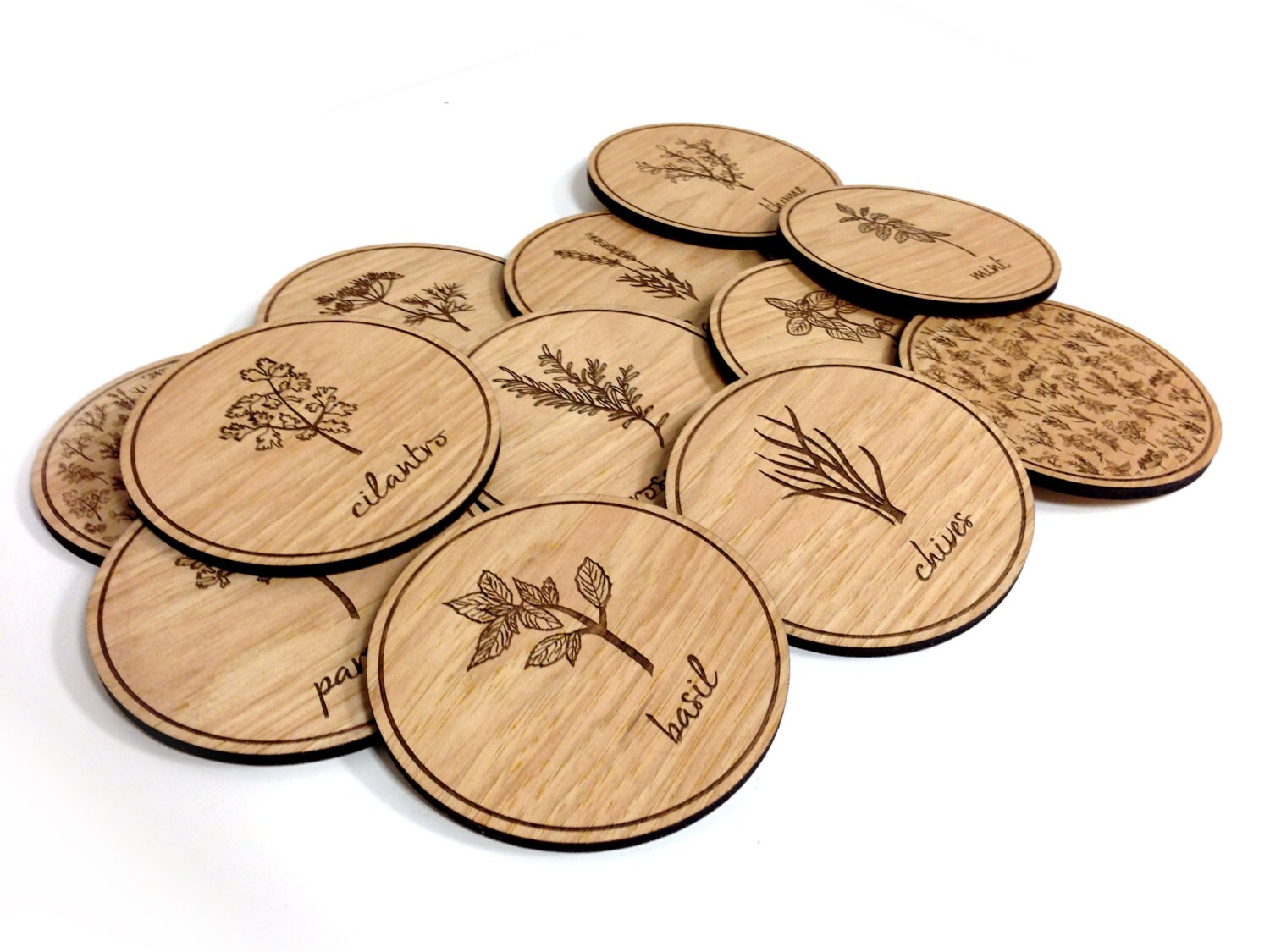 Wood Engraved Coasters / Herb Illustrations/ Set of 12 by MileNine