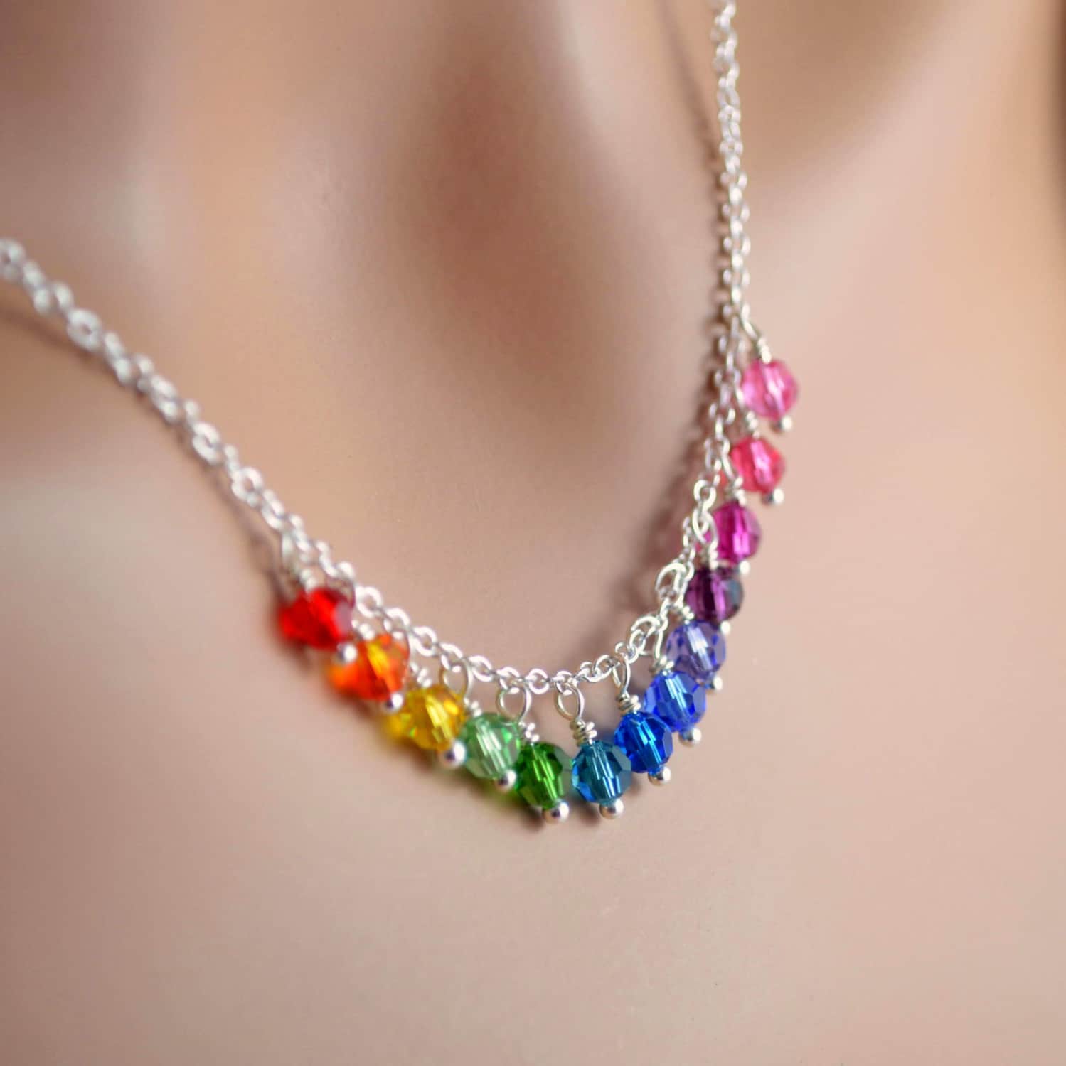 Rainbow Crystal Necklace Swarovski Beads Silver Plated