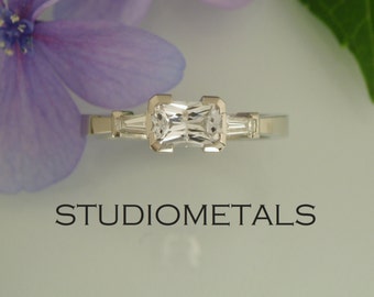 Emerald Cut Engagement Ring, White Sapphire Engagement Ring, Emerald Cut Ring, R154