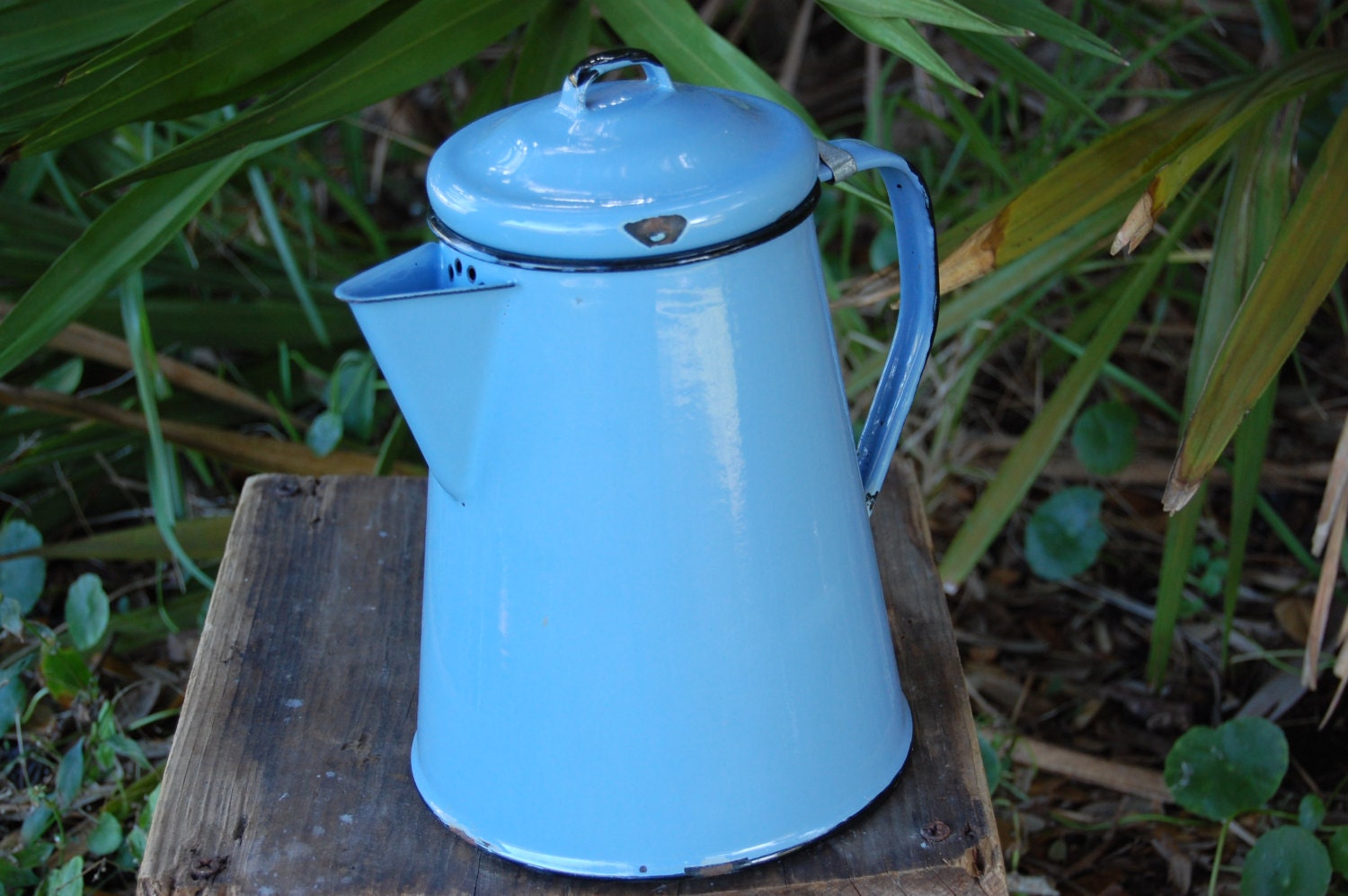 Vintage Large Porcelain Enamel Coffee Pot Cottage Chic