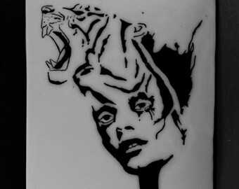 Porcelain Wall Art - 'Spirit Tiger' - Mishima decorative wall tile, ceramic wall hanging, animal totem