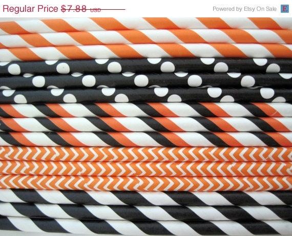 15% off - 50 Black and Orange Halloween Paper Straw Mix - Stripe, Chevron & Dot - ships less than 24 hours Il_570xn