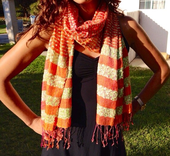 Fall Scarf: Orange Scarf with Green and Gold, Fashion Scarf, Fall Style, Boho Scarf, Fall Accessories, Comes in a Organza Gift Bag, Hippie