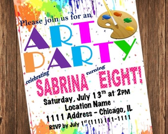 Art Party Invitation - Rainbow Paint Splatter Birthday Party Invite - DIY Printable Customized Personalized Digital FIle